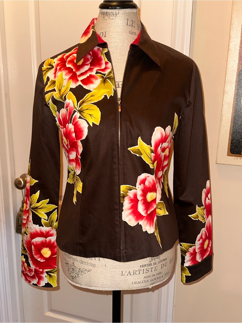 Black Floral Zip-Front Blazer Jacket with Pink & Yellow Blooms